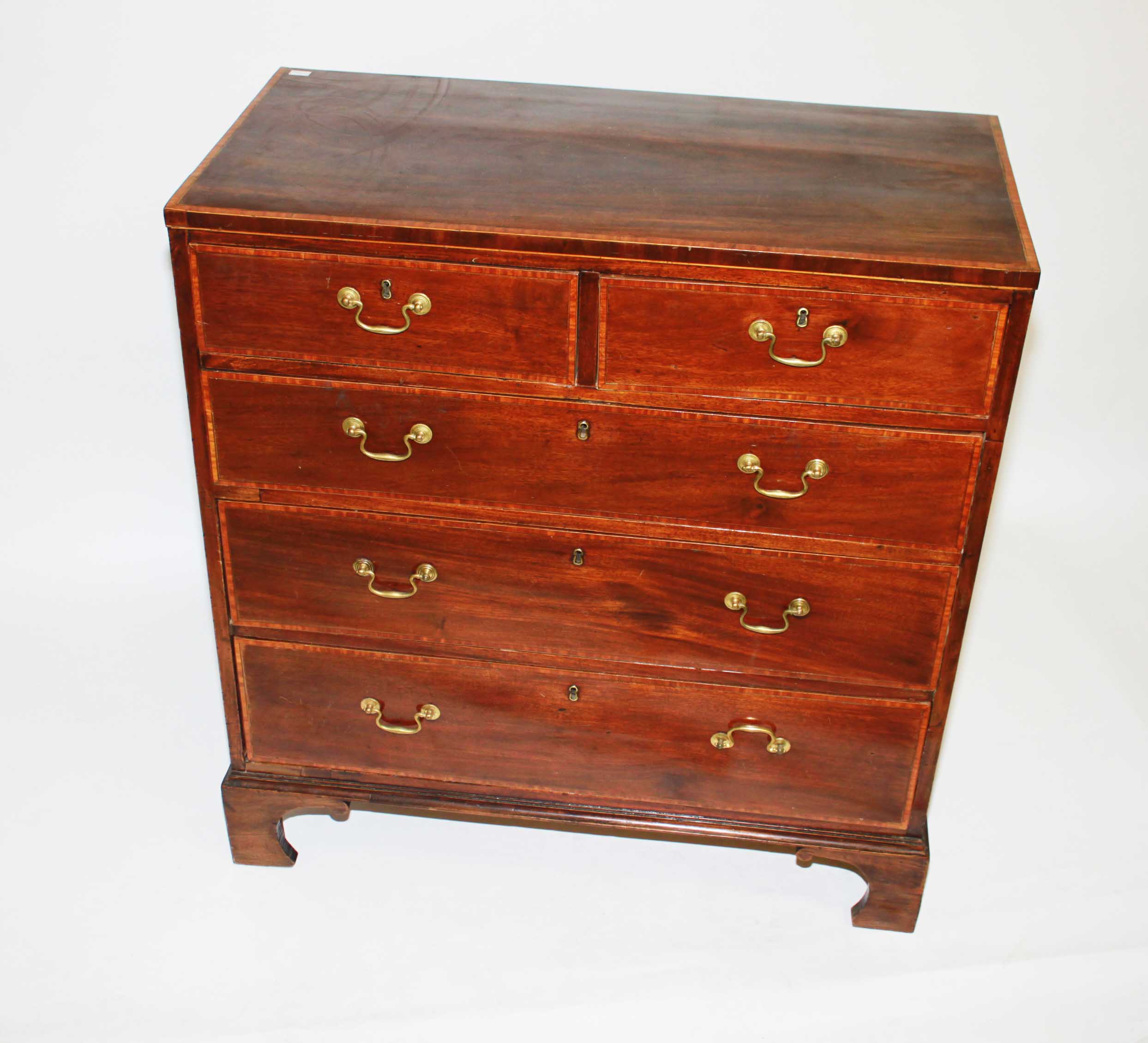 A LATE GEORGE III INLAID MAHOGANY CHEST, 
with three long and two short drawers, cross banded in