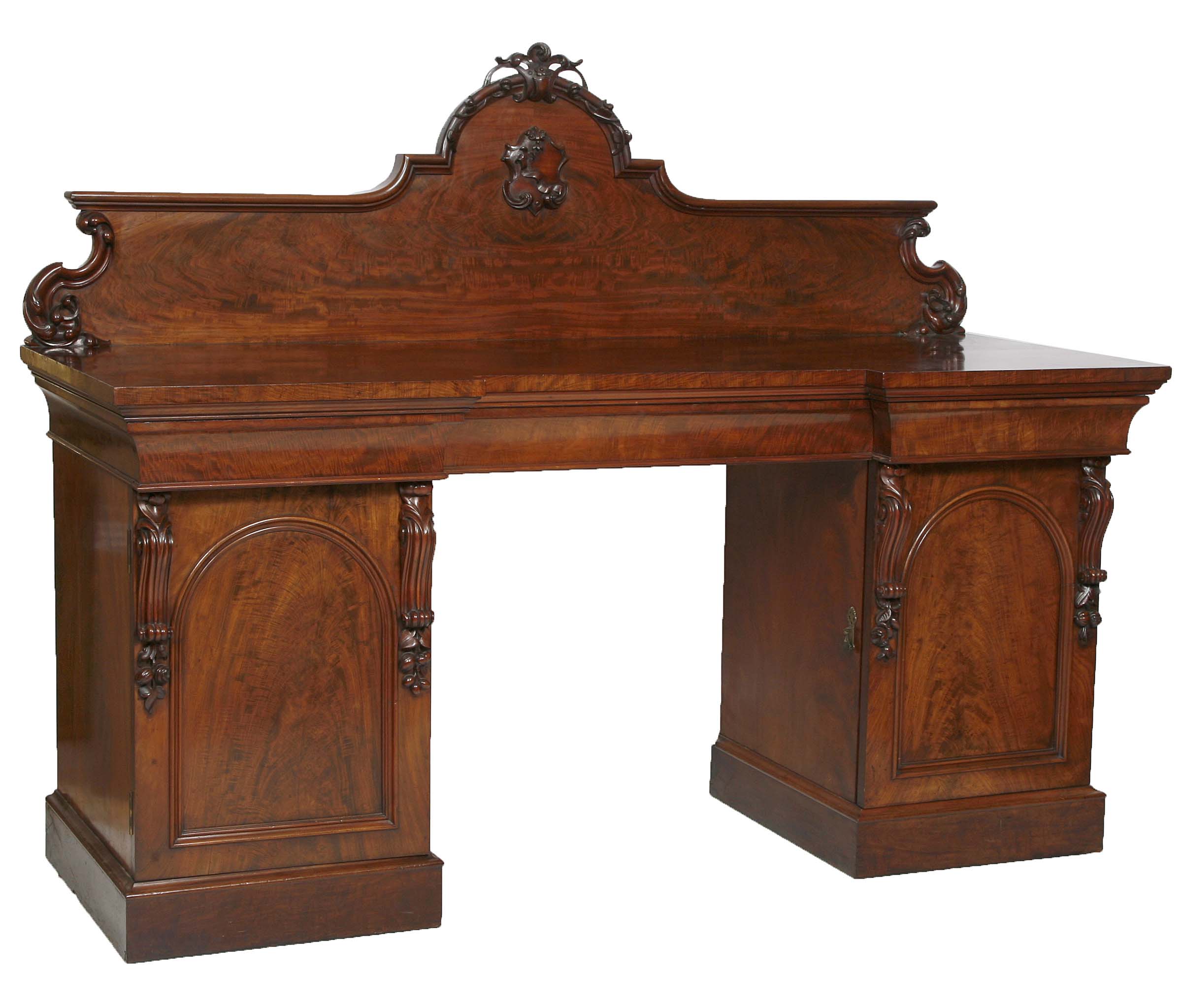 A MAHOGANY PEDESTAL SIDEBOARD, 
mid 19th century, the domed galleried back centred by a cartouche