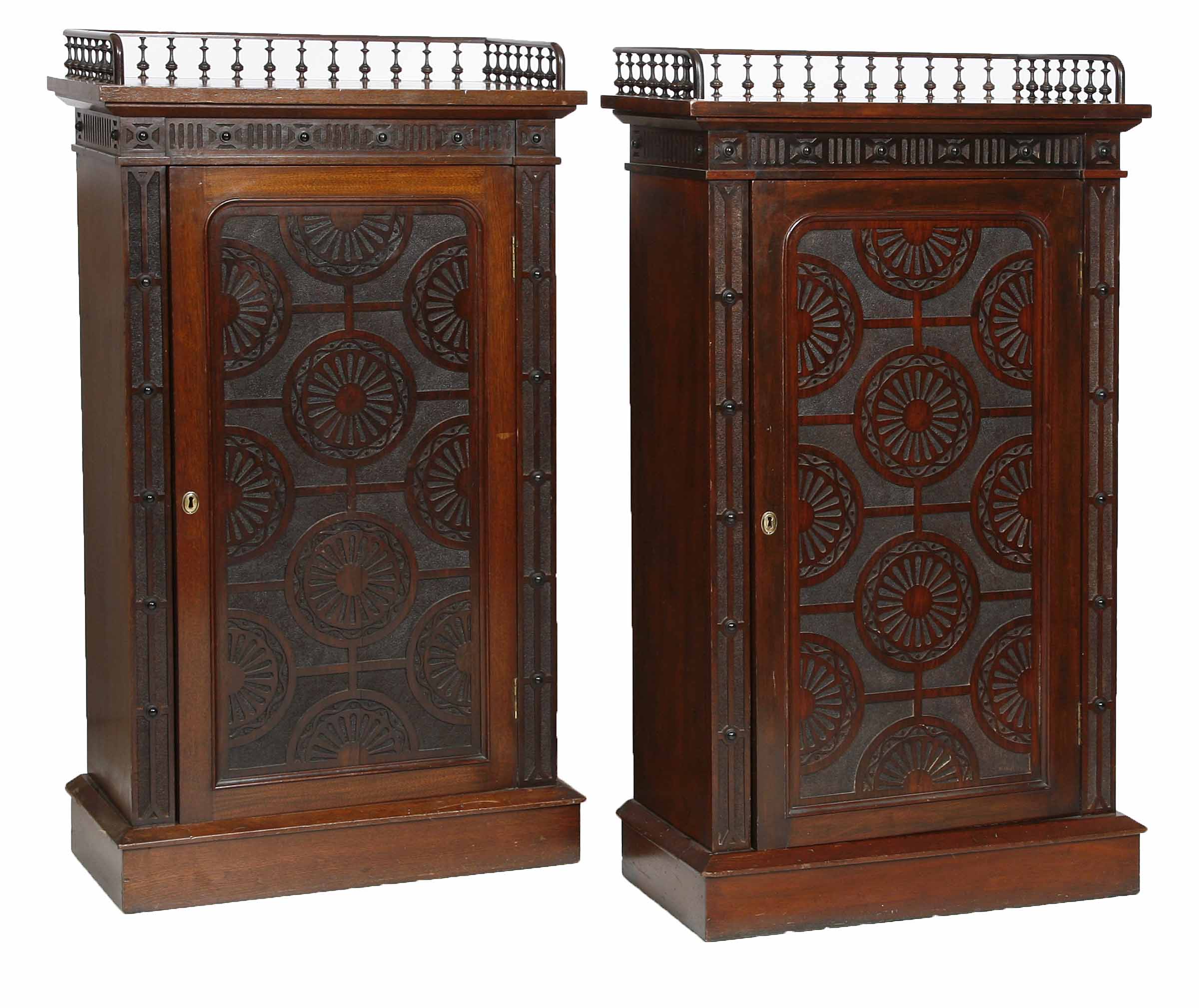 A PAIR OF WALNUT AND MAHOGANY PIER CABINETS, 
late 19th century, each with a three quarter