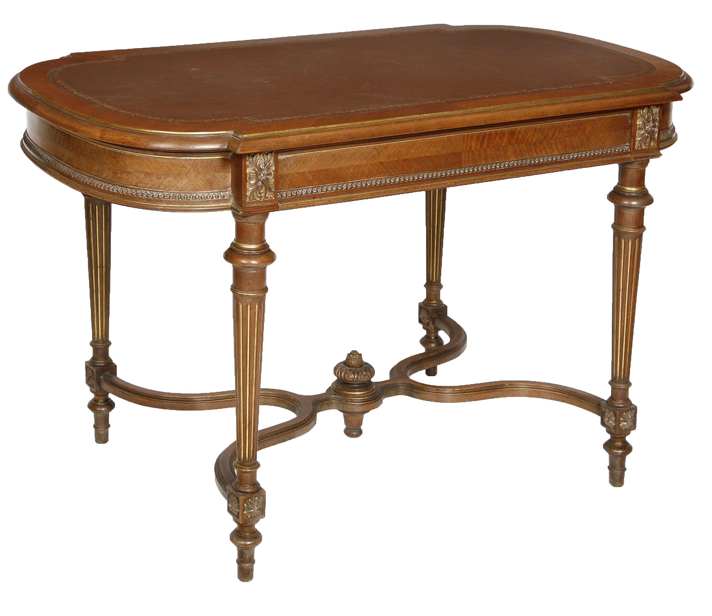 A French Kingwood and Parcel Gilt Library Table, 
early 20th century, the moulded top with a