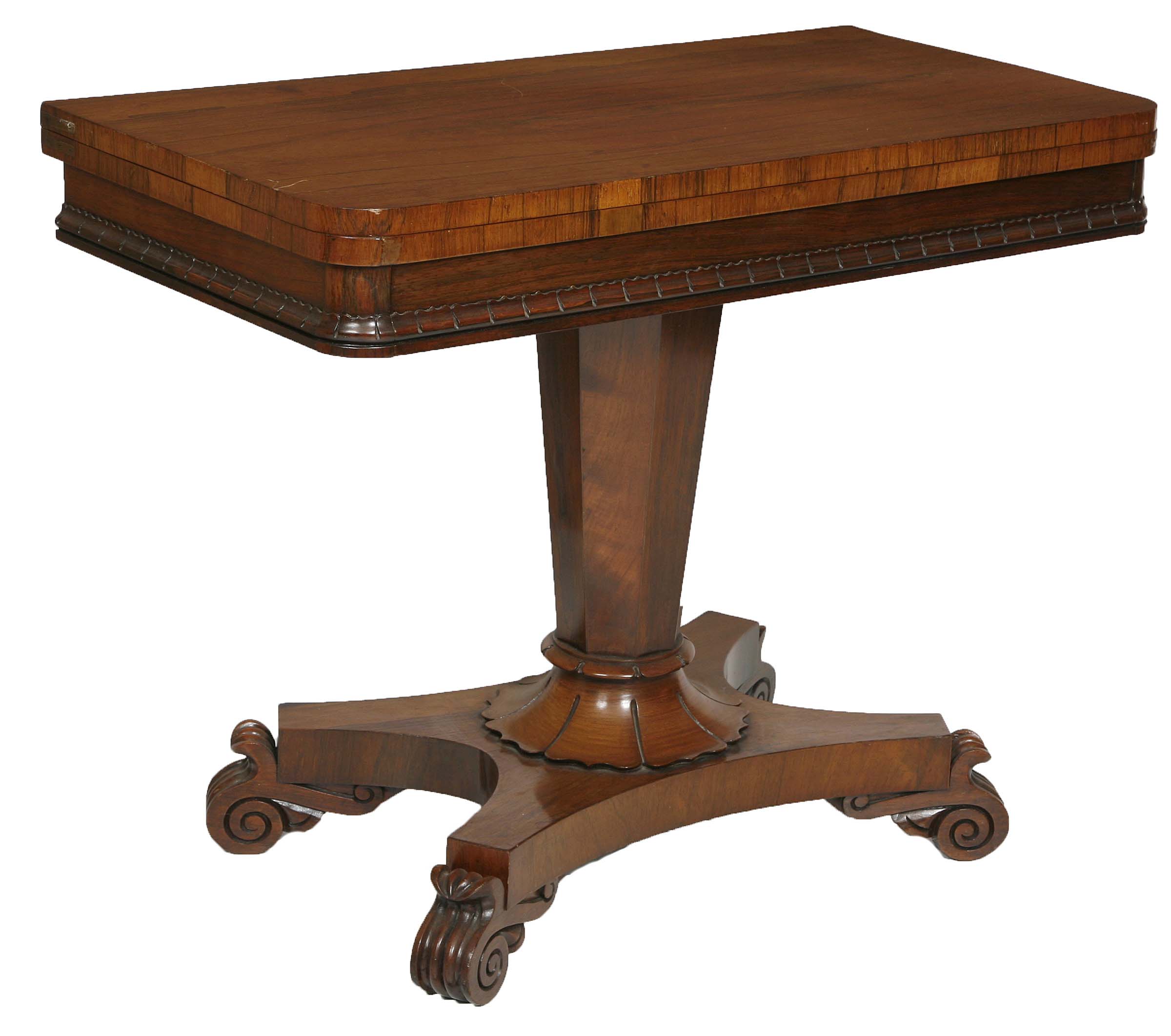 A Late William IV rosewood Foldover Card Table,
the rectangular top with front rounded corners and a