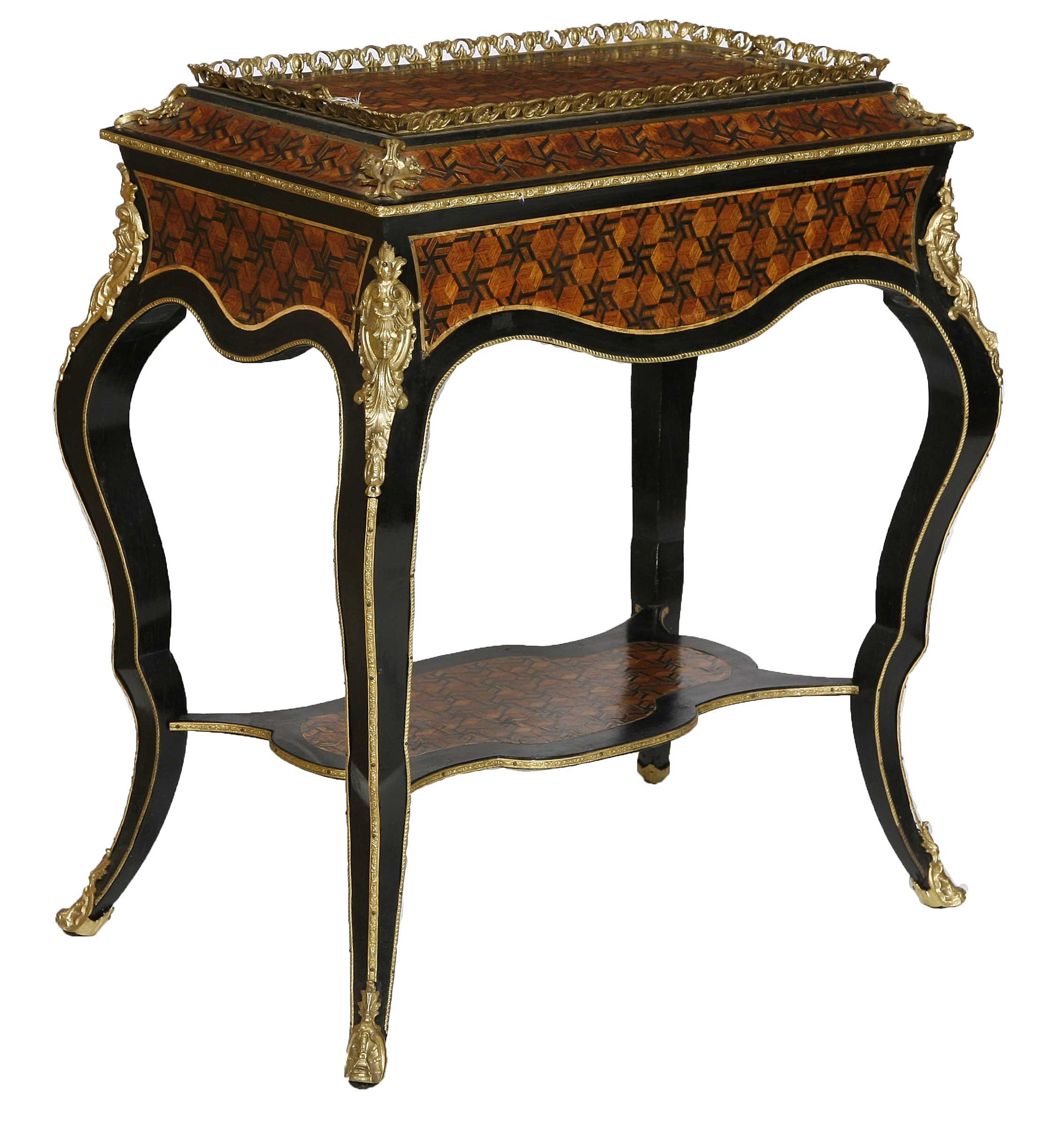 A FRENCH BRASS MOUNTED EBONISED AND PARQUETRY INLAID JARDINIERE, 
c.1900, with brass inlaid
