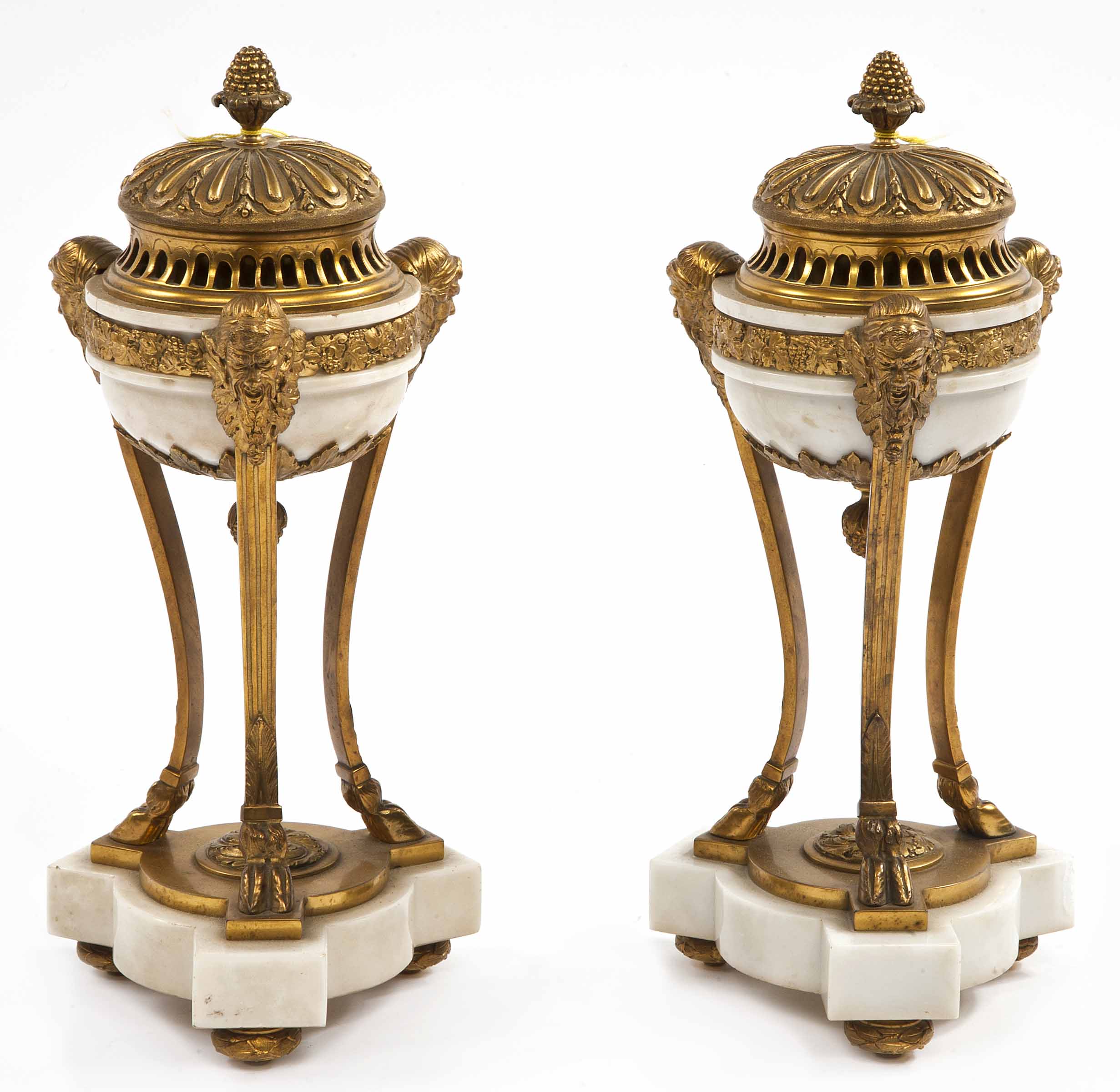 A PAIR OF GILT BRASS AND WHITE MARBLE POT-POURRI URNS AND COVERS, in the Regency style, early 20th