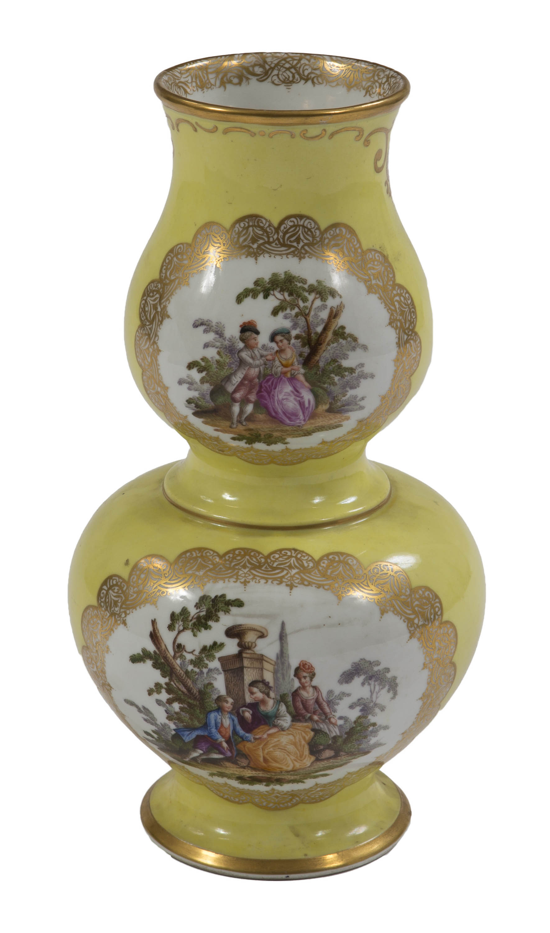 A DREDSEN DOUBLE-GOURD YELLOW GROUND PORCELAIN VASE, 19th century, with AR monogram, with four