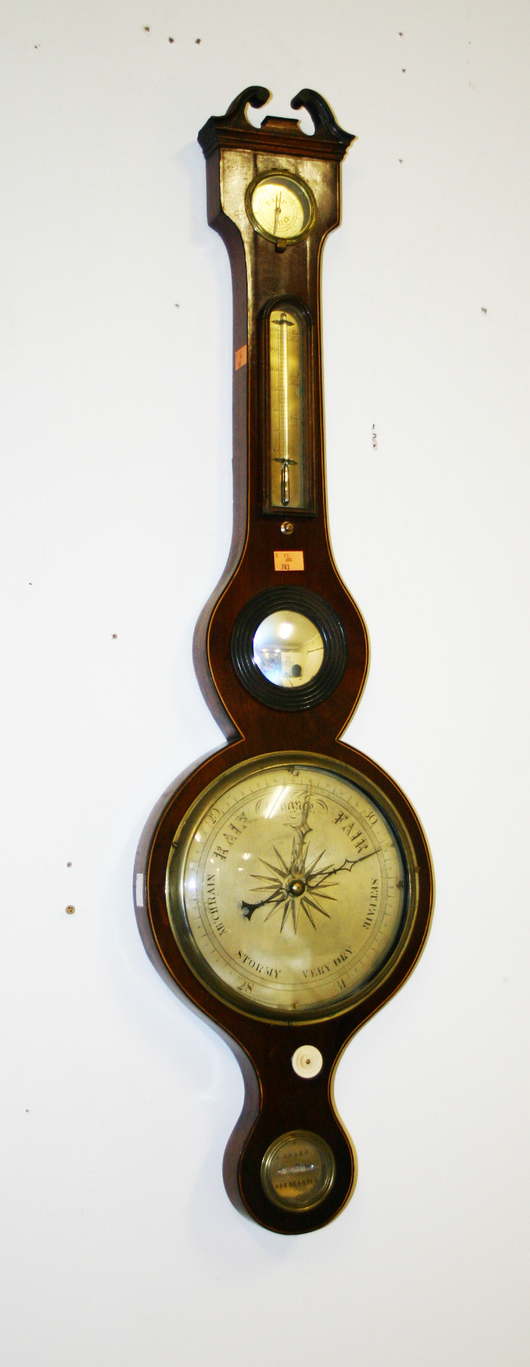 A FIVE-GLASS INLAID MAHOGANY WHEEL BAROMETER, 19th century,  by G. Sharp of Horncastle, 39in (99cm).