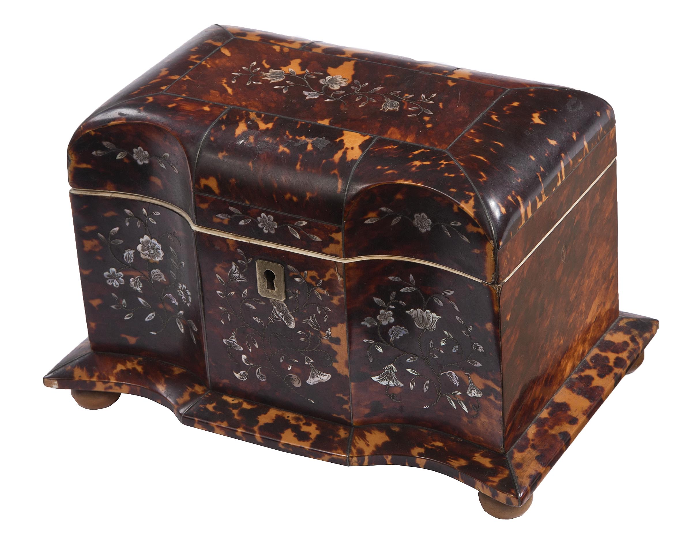 A VERY ATTRACTIVE LATE GEORGIAN TORTOISE SHELL TEA CADDY, with floral mother ‘o pearl and wire