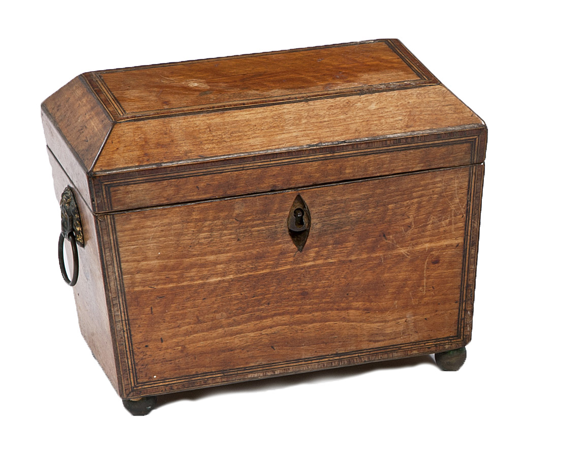 A REGENCY PERIOD SYCAMORE TEA CADDY OF CASKET FORM, the hinged cover enclosing two compartments,