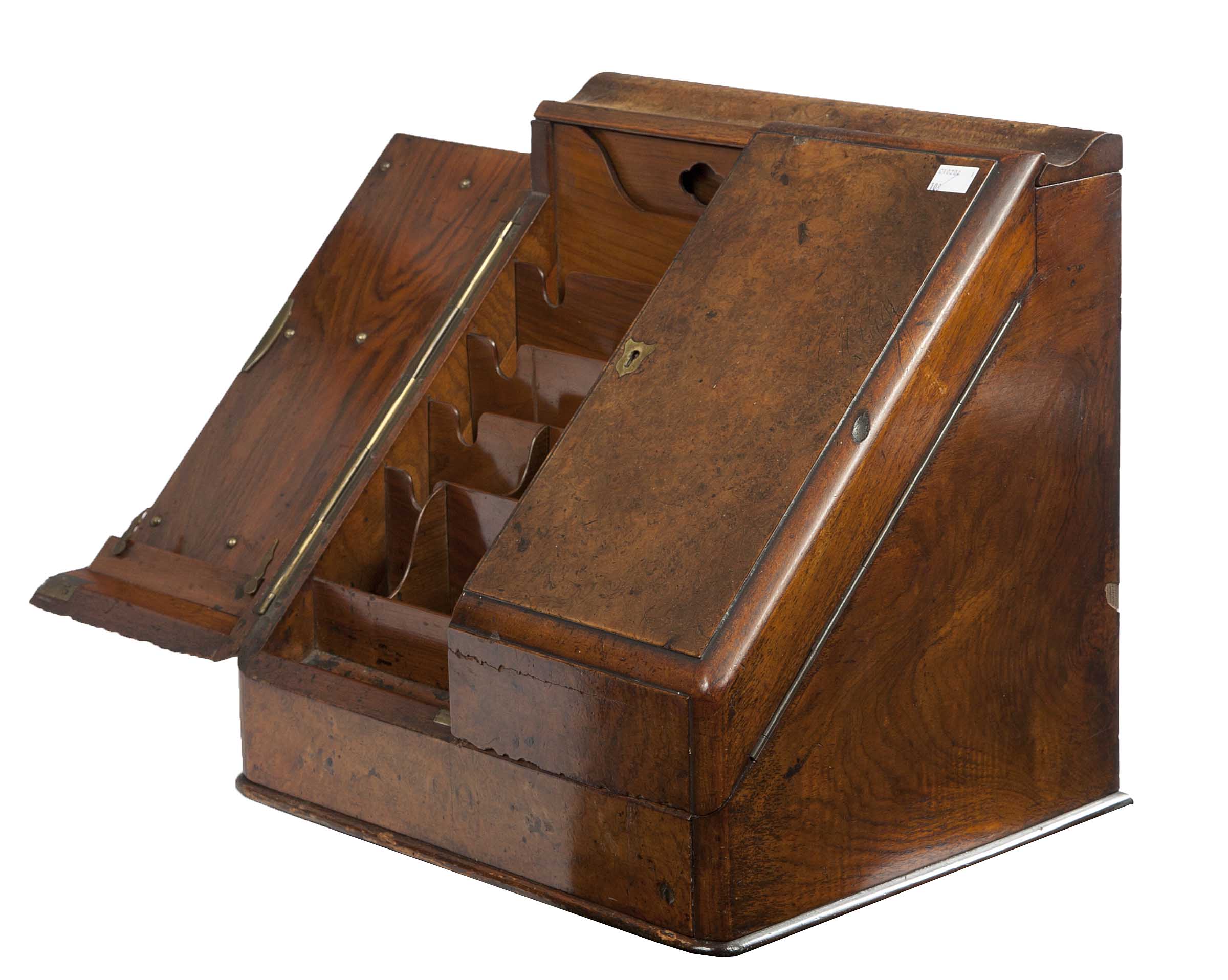 A VICTORIAN WALNUT SLOPE FRONT STATIONARY BOX, with slotted interior and base drawer, 15.5in (39cm)