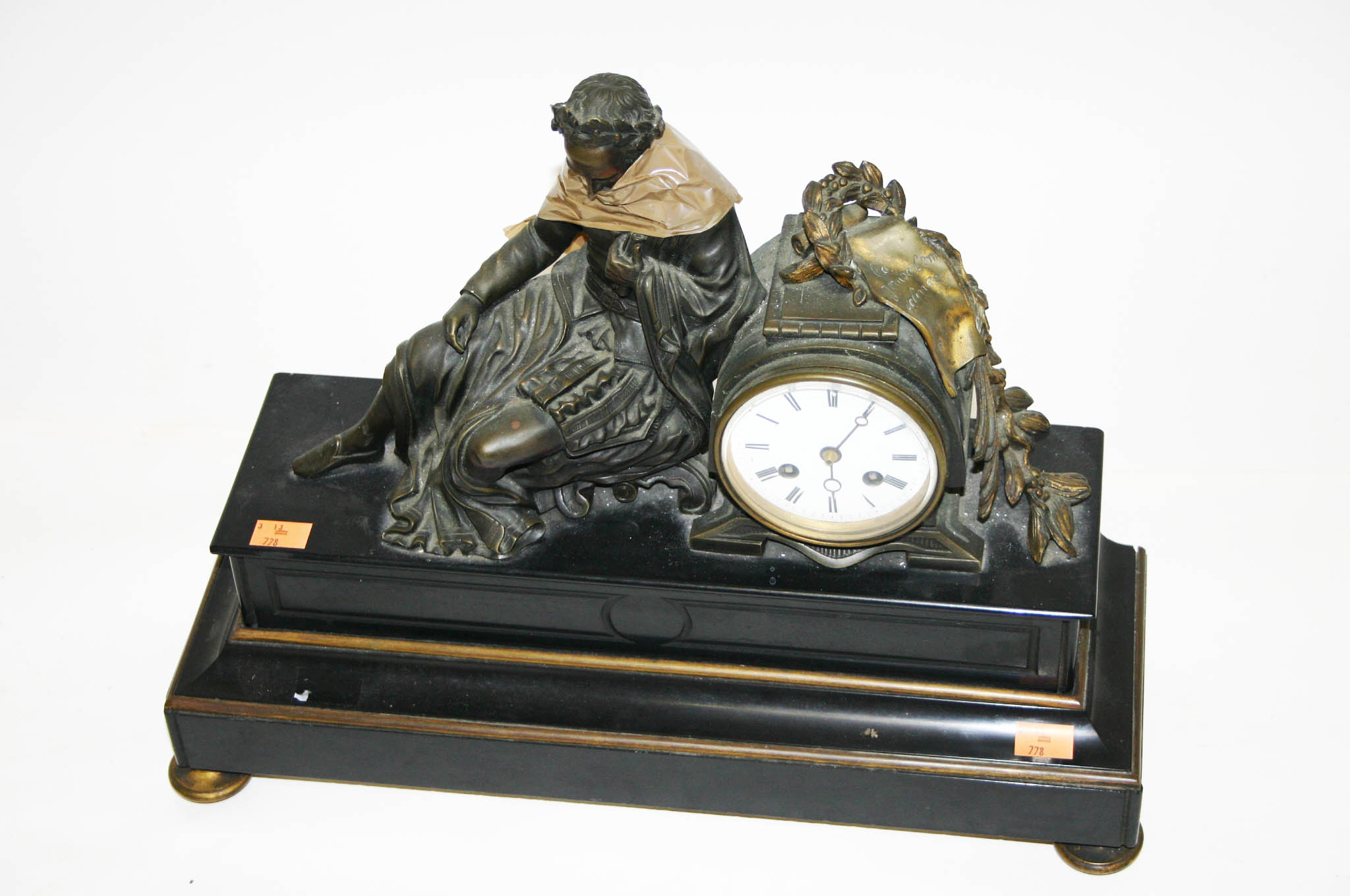 A FRENCH BRONZE AND POLISHED BLACK MARBLE MANTEL CLOCK, 19th Century, the top surmounted with a