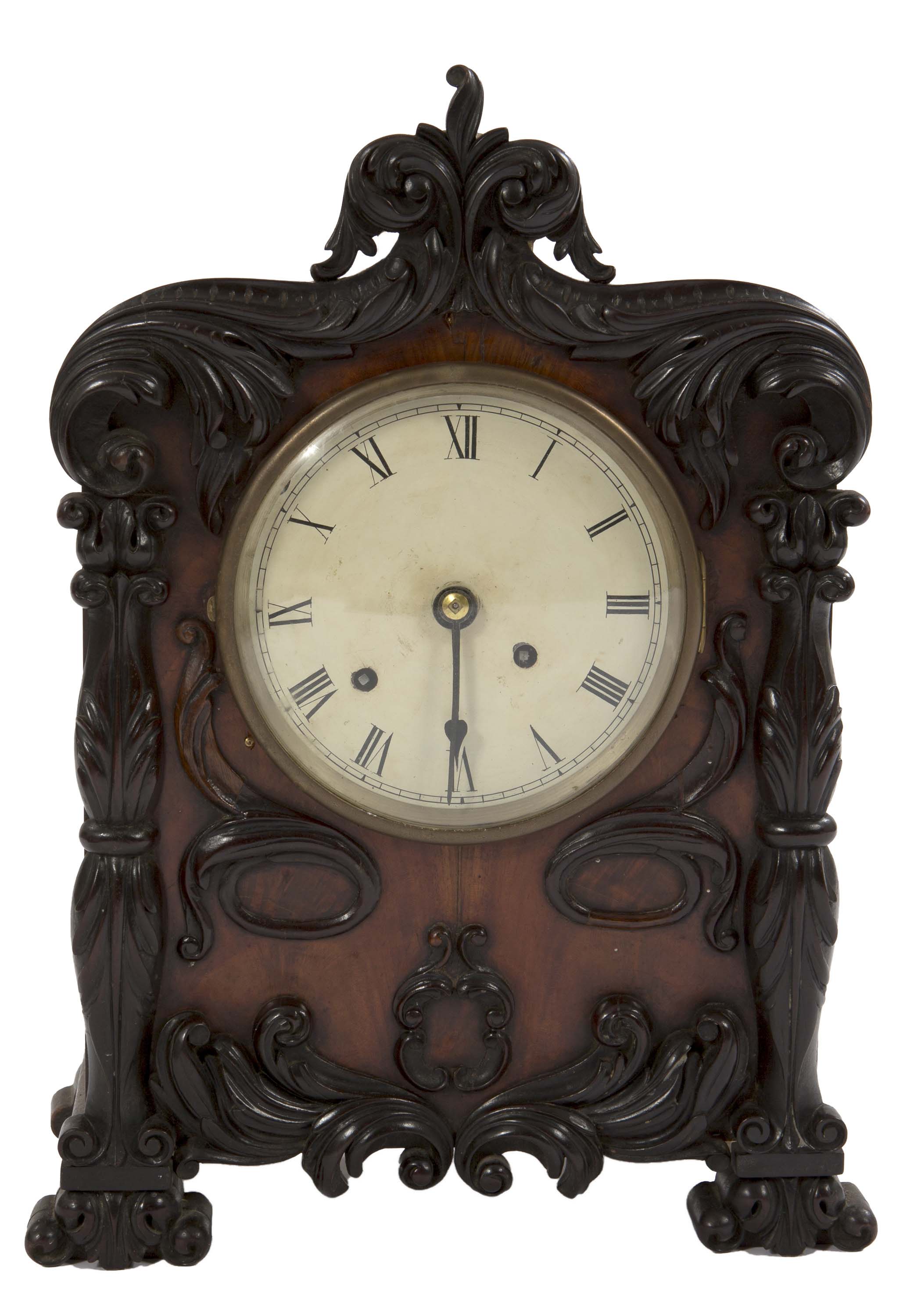 A MAHOGANY BRACKET CLOCK, 19th century, with double-fusee movement, unsigned, the circular painted