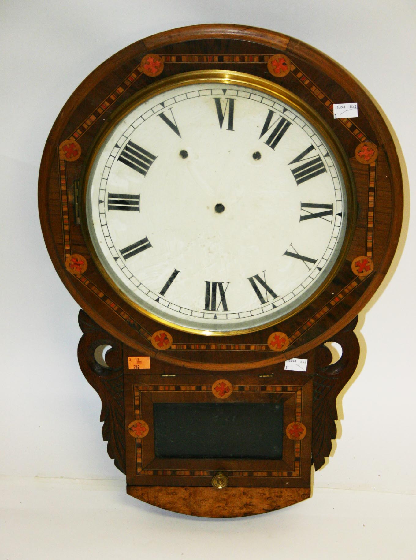 A BIRD’S EYE MAPLE AND PARQUETRY DROP DIAL CLOCK, Victorian, with circular painted dial, 25in (64cm)