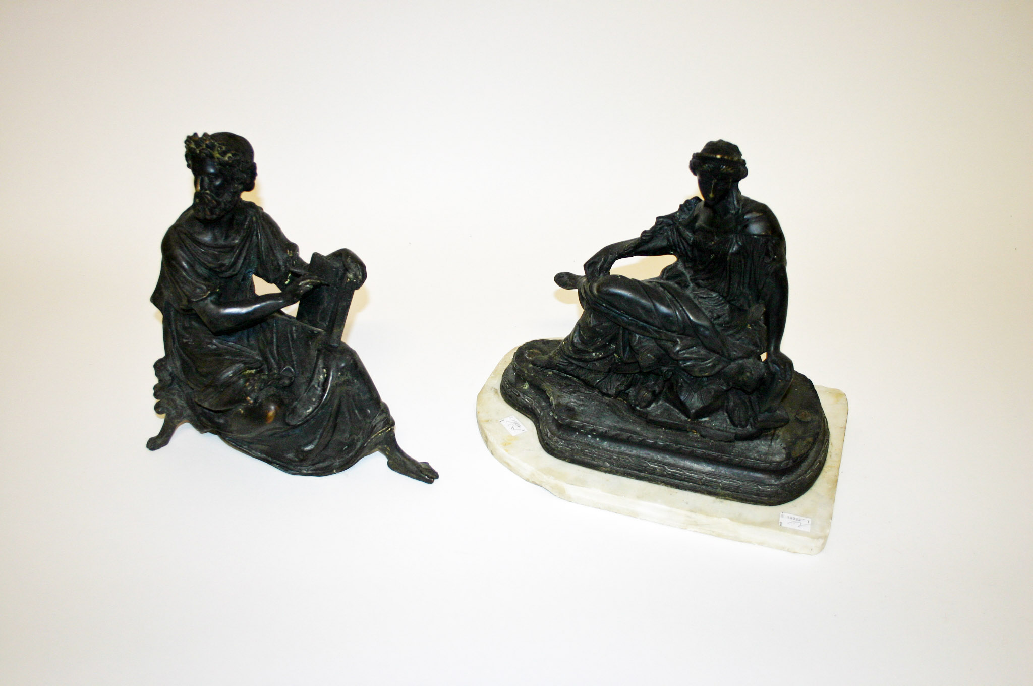 A HEAVY BRONZE GROUP, 19th century, modelled as a classical woman seated on a stool with a book,