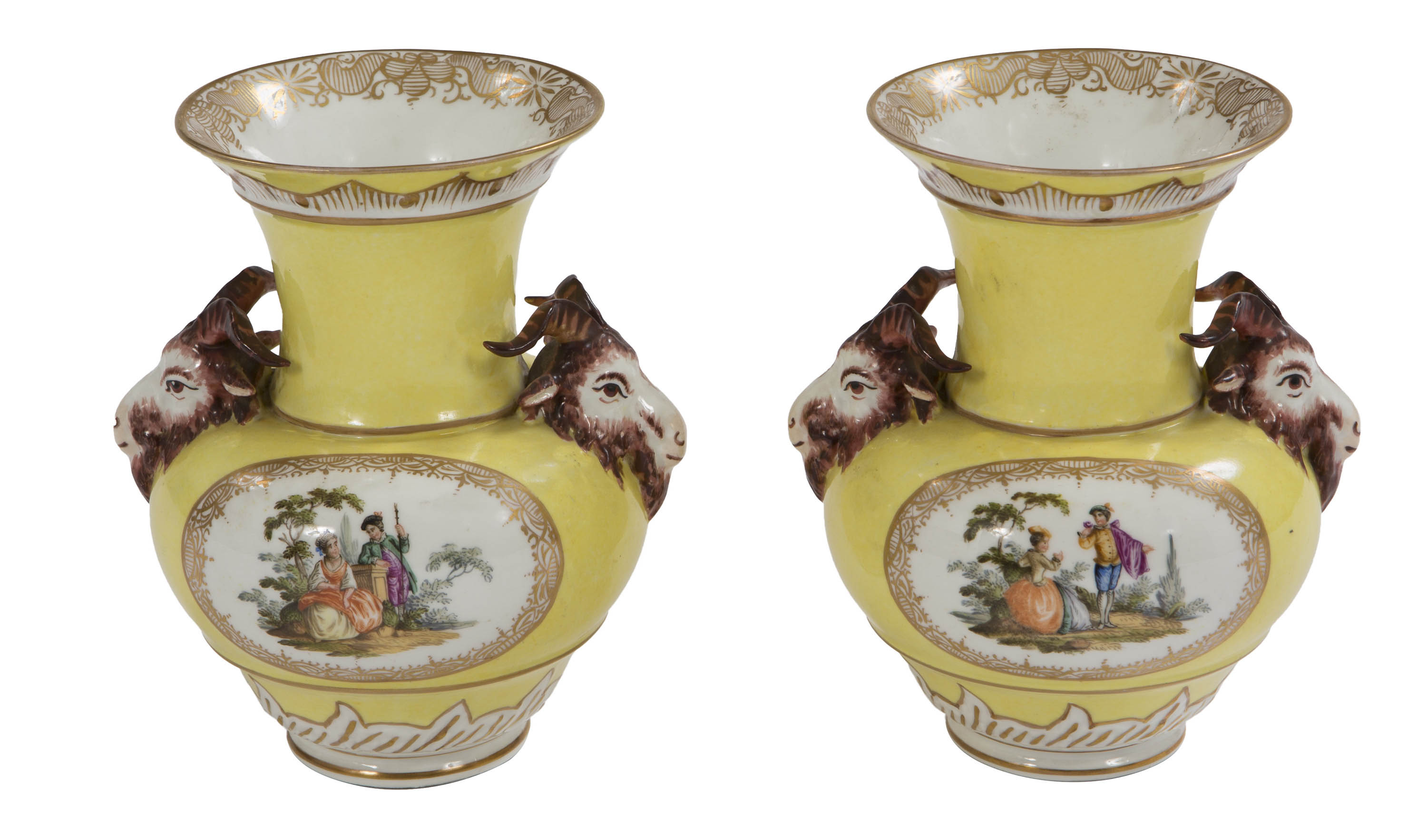 A PAIR OF BERLIN PORCELAIN VASES, 19th century, each yellow ground decorated with two panels