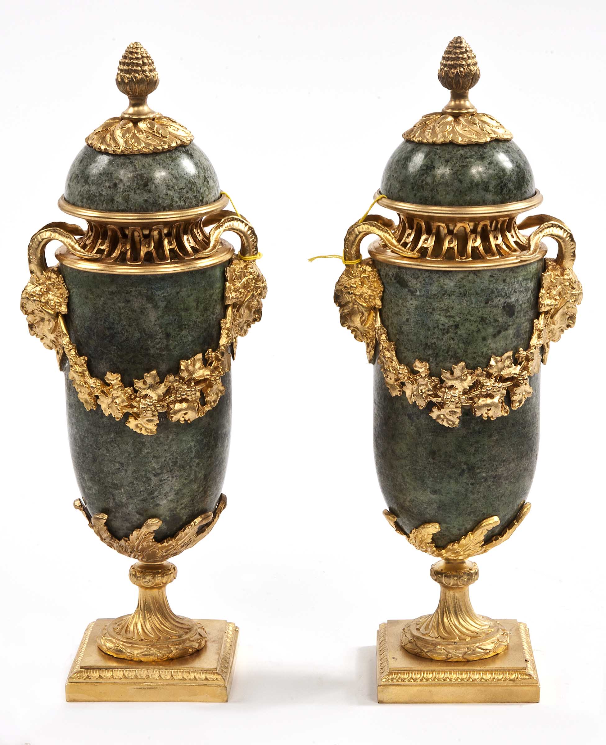A PAIR OF VERY ATTRACTIVE GREEN MARBLE AND GILT BRASS MANTELPIECE URNS, O.R.M., in the manner of