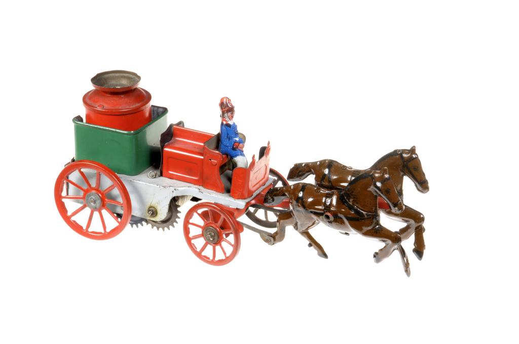 A TINPLATE HORSE DRAWN FIRE ENGINE the open vehicle drawn by two horses and driven by a fireman in
