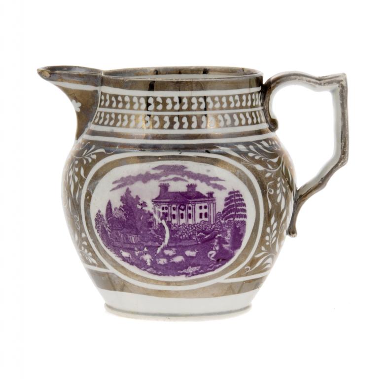 A SILVER RESIST LUSTRE JUG with oval purple bat prints to either side, 10cm h, c1820 ++Lip