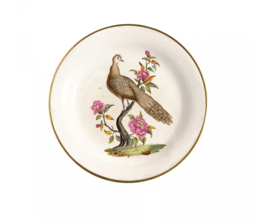 A DAVENPORT PEARLWARE PLATE painted by the hyphen painter with a pheasant in gilt rim, 19.5cm