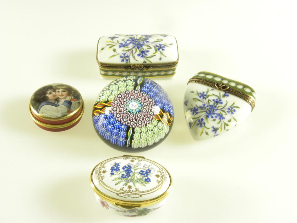 A CAITHNESS GLASS MILLEFIORI PAPERWEIGHT, TWO LIMOGES PORCELAIN BOXES AND TWO ENAMEL BOXES