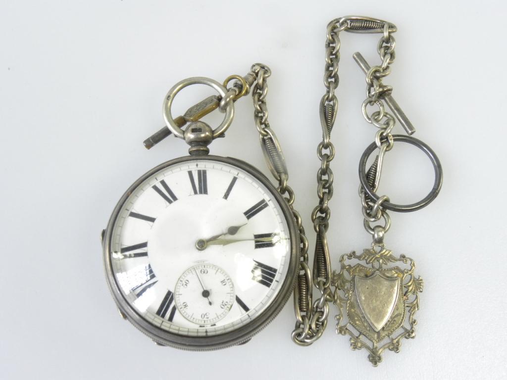 A VICTORIAN SILVER LEVER WATCH WITH ENAMEL DIAL, LONDON 1875 AND A CONTEMPORARY SILVER ALBERT AND