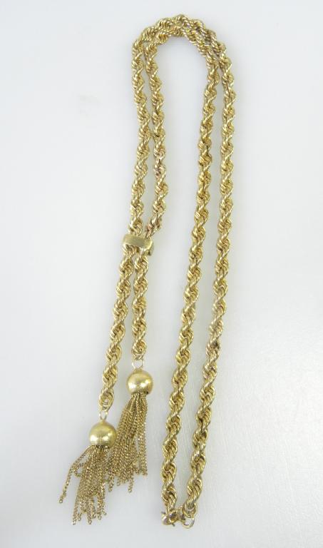 A 9CT GOLD ROPE AND TASSEL NECKLACE, 40.5G