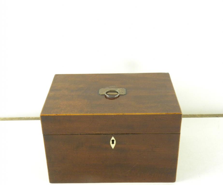 A REGENCY MAHOGANY AND LINE INLAID TEA CADDY WITH FITTED INTERIOR