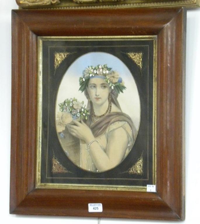 A VICTORIAN TINSEL PICTURE OF A YOUNG WOMAN WITH A BASKET OF FLOWERS, MAHOGANY FRAME