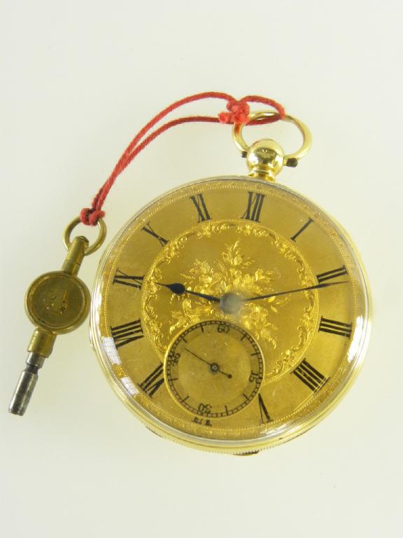 AN 18CT GOLD LEVER WATCH, THE MOVEMENT SIGNED JNO VALE BURY ST EDMUNDS, WITH ENGRAVED DIAL, THE CASE