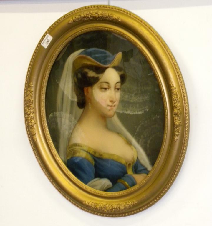 A 19TH CENTURY CRYSTOLEUM OF A YOUNG WOMAN IN GILT TRIMMED BLUE DRESS AND HAT WITH LACE VEIL,