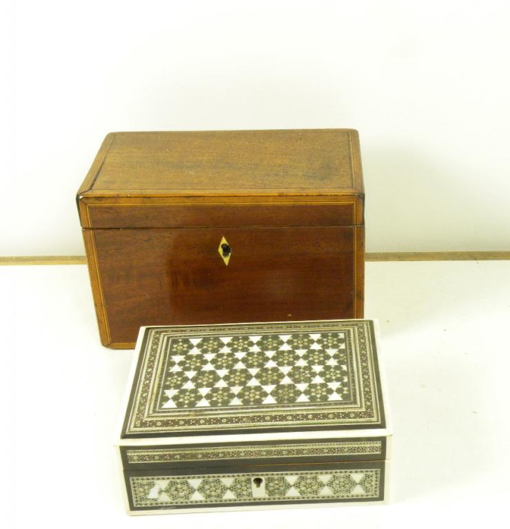 A 19TH C MAHOGANY AND LINE INLAID TEA CADDY AND AN INDIAN SANDALWOOD, EBONY AND SADELI BOX