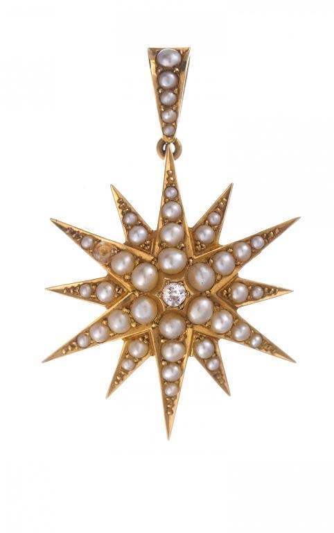 A VICTORIAN DIAMOND AND CULTURED PEARL STAR BROOCH-PENDANT IN GOLD, MARKED SS18, C1900 ++ In fine