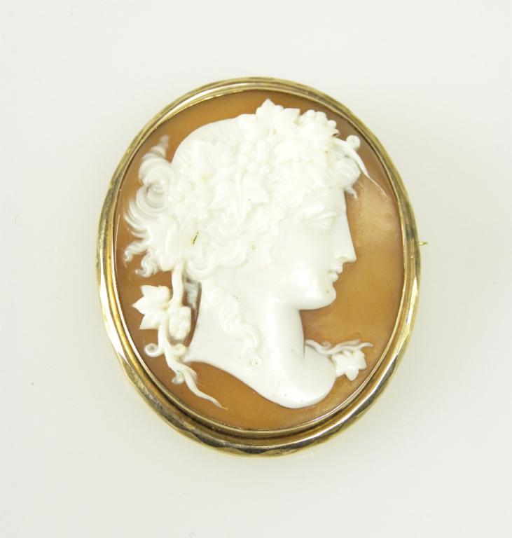 A CAMEO BROOCH, THE OVAL SHELL FINELY CARVED WITH THE HEAD OF A BACCHANTE IN GOLD