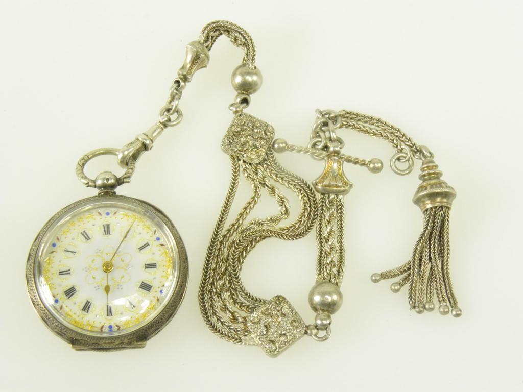 A SILVER FOB WATCH WITH ENAMEL AND GILT DIAL IN ENGRAVED CASE ON A CONTEMPORARY SILVER LEONTINE,