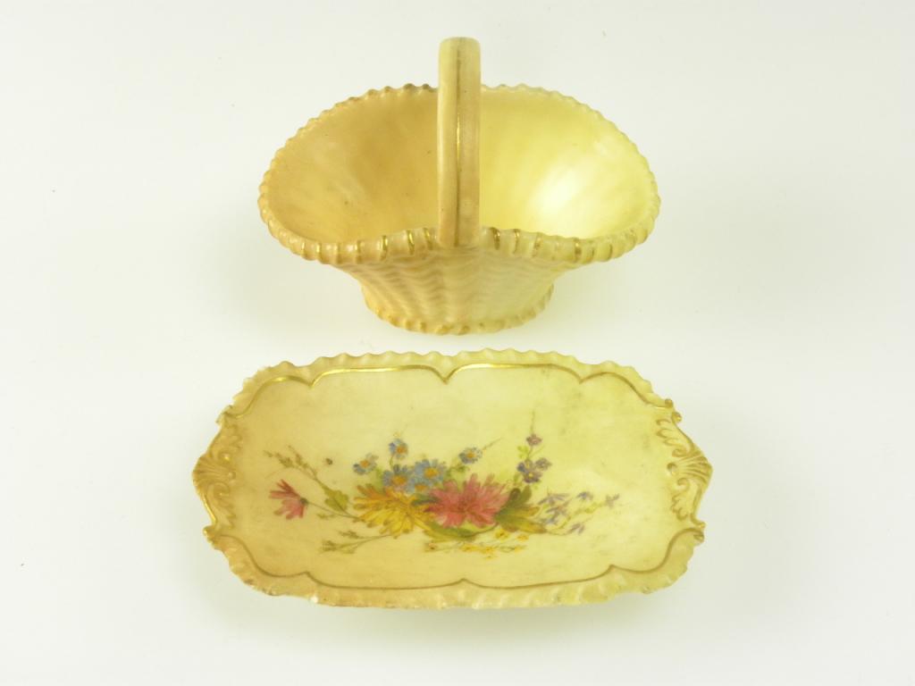 A ROYAL WORCESTER MINIATURE BASKET, SHADED APRICOT AND GILT AND SIMILAR ROYAL WORCESTER PIN TRAY,