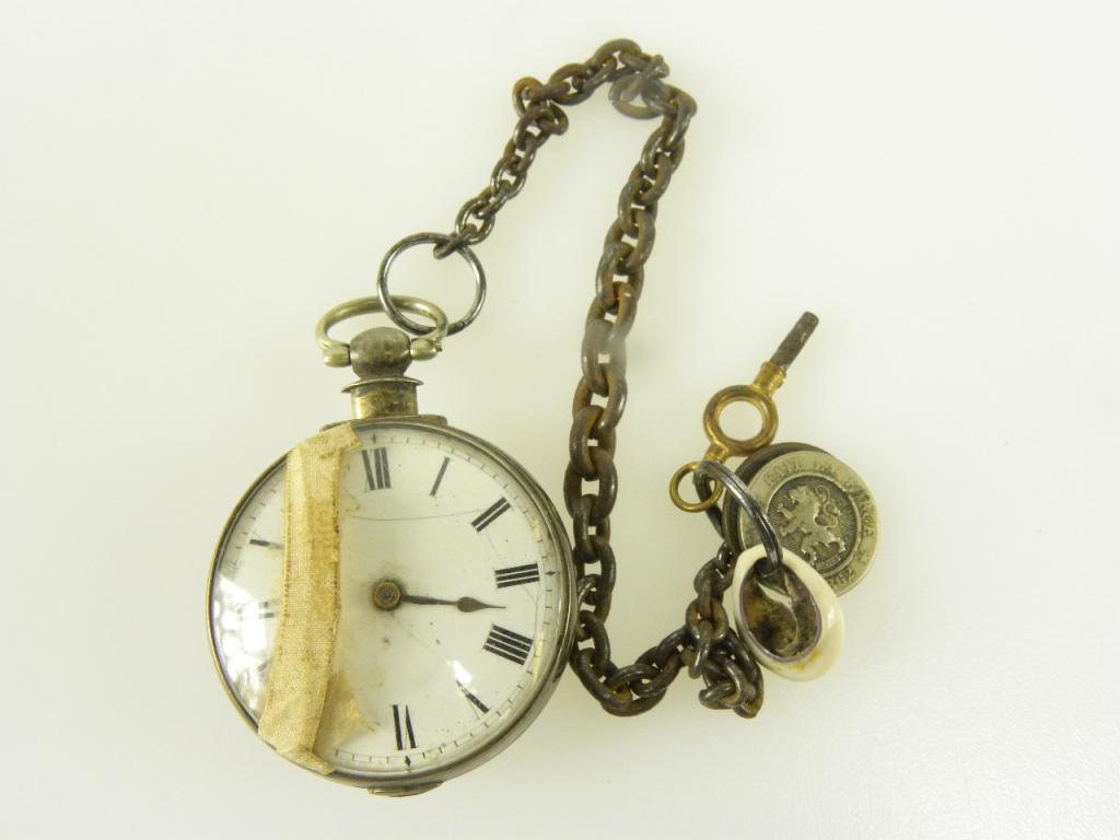 A SILVER VERGE WATCH WITH ENAMEL DIAL, THE MOVEMENT SIGNED W SHARPE RETFORD, LONDON 1842