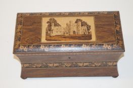 A Victorian rosewood and Tunbridge Ware tea caddy inlaid with castle decoration and floral bands,