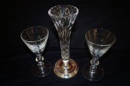 Glass flower vase with silver base along with 2 1977 commemorative goblets