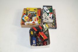 Three boxes of toys including Hornby, Dublo accessories, Scalextric cars and accessories, various