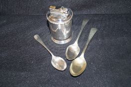 A silver lighter & 2 silver spoons & 1 other
