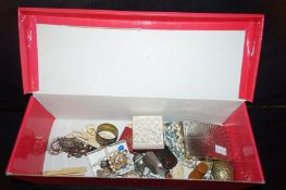 A good collection of costume jewellery including a 9ct gold ring, ivory bobbins and various other