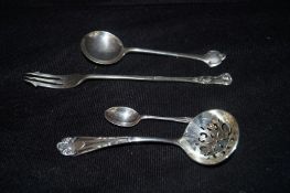 A silver teaspoon London 1914, silver Sheffield 1924 jam spoon, silver plated sugar sifter spoon,,