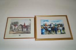 A hunting print and a picture of a horse racing scene