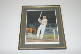 A limited edition framed print of David Gower by Kelvin Adams numbered 85 with original signatures