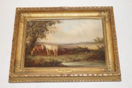 An oil on canvas of a horse grazing by Thomas Smythe 1825 -1907, Signed lower left (H 28.5cm W 43.