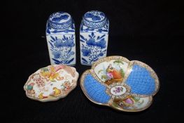 A quantity of china including a Crown Derby pin tray, an oval porcelain dish and a pair of modern