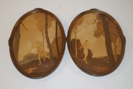 A pair of Rowley gallery oval marquetry panels, each entitled "Wood Nymph" gallery label to the