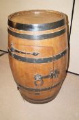 A wooden barrel with metal fixings