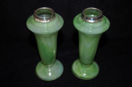 Pair of art nouveau green glass vases with silver top rims. Chester 1906.