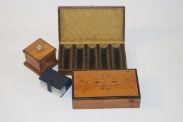 An art noveau box, a square box with finial and a silk lined leather box