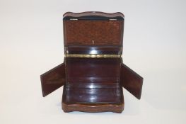 19th century burr yew marquetry inlaid serpentine fronted decanter casket, inset lid with brass,