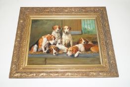 An oil on canvas of dogs after J Emms "After the chase"